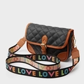 Black quilted crossbody bag with brown leather trim and colorful LOVE letter strap - Black