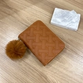 Brown woven leather wallet for women with heart patterns and a fluffy pompom keychain - Brown