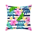 Tropical floral pillow cover with pink hibiscus and blue stripes on white background - Blue and White Horizontal Stripe Tropical Floral Style (TPR171-15)