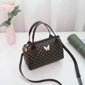 Brown Boston bag with vintage monogram patterns and 3D white pearl bow decoration - Coffee