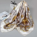 90cm satin square scarf featuring yellow paisley pattern styled on a white handbag - 90x90cm / White (Paisley)
