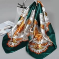 Elegant green paisley satin square scarf styled on a white designer handbag - 90x90cm / Green (Paisley)