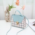 Mini light blue plaid crossbody bag with gold buckle and matching leather shoulder strap - Blue