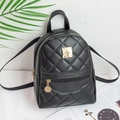 Mini black quilted backpack with diamond pattern and elegant gold square metal plate - Black