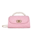 Pink quilted handbag with faux pearl handle and gold chain strap in minimalist style - Pink