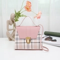 Pink plaid mini crossbody bag with gold buckle closure and top handle for women - Pink