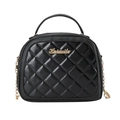 Elegante borsa trapuntata nera con catena dorata e raffinata trama a rombi cuciti - Nero