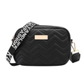 Black zigzag quilted crossbody camera bag with adjustable wide lettered strap - Black