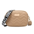 Macro detail of beige crossbody bag featuring V-shaped quilting and gold-tone zippers - Khaki