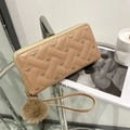 Rice-brown long leather wallet for women with heart embroidery and fluffy ball charm - Khaki