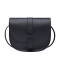 Minimalist black saddle crossbody bag in fine leather with front vertical belt strap detail - Black