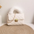Elegant off-white quilted crossbody bag with golden chain and soft plush handle - White