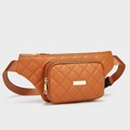 Quilted brown PU leather waist bag with gold zippers and adjustable nylon strap - Brown