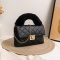 Quilted black chain crossbody bag with plush handle and golden square twist lock - Black
