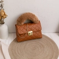 Brown quilted PU leather handbag with faux fur handle and golden chain strap - Brown