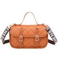Brown quilted crossbody bag with top handle and wide lettered shoulder strap - 21*7*14CM / Tan