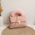 Pink quilted crossbody bag with faux fur handle and golden chain strap detail - Pink