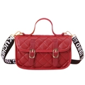 Red quilted satchel bag with rhombus texture and contrast lettered webbing strap - 21*7*14CM / Red