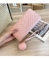 Pink V-quilted long wallet with matching wristlet strap and plush pom-pom charm detail - R007 Pink