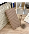 Close-up of long zip-around quilted wallet in coffee brown with soft pom-pom charm - R007 Khaki