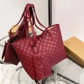 Elegant burgundy quilted tote bag set with matching small pouch and diamond stitching - Red