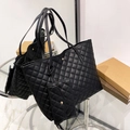 Elegant black quilted tote bag set with matching small pouch in stylish rhombic pattern - Black