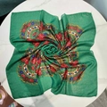 Detailed texture of emerald floral scarf with gold threads and vintage print - 80*80cm / Dark Green