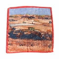 Foulard in seta 60cm dipinto Van Gogh La Mietitura con bordo in raso rosso elegante - Il Raccolto / Campo di Grano Pittura a Olio / Bordo in Raso Rosso (1#)