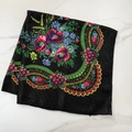 Ethnic style black floral scarf with golden stripes and colorful patterns on white marble - 70cm x 70cm / Black