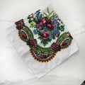 Detail of vintage floral cotton scarf with gold thread stripes and ethnic patterns - 70cm x 70cm / White