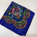 Ethnic vintage floral scarf in navy blue with traditional Slavic patterns and fringe - 70cm x 70cm / Sapphire Blue