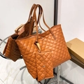Elegant warm brown quilted tote bag with matching small coin pouch and diamond pattern - Brown