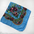 Detail of bright blue ethnic square scarf with gold stripes and red poppy floral patterns - 70cm x 70cm / Sky Blue