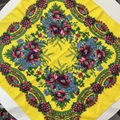 Ethnic yellow square scarf with traditional Russian floral patterns and golden threads - 70cm x 70cm / Bright yellow
