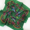 Ethnic paisley square scarf with gold thread embroidery and floral pattern on green fabric - 70cm x 70cm / Green