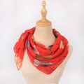 Detail of red cotton linen scarf showing autumn leaf print on light chiffon fabric - 90*90cm / Red