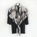 Abstract print voile scarf worn with elegant rose gold floral clip on a white background - Grey Brown Pink Abstract Feather (Style 2)