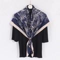 Elegant navy silk scarf with cream floral pattern and contrast border on black knitwear - 90x90 Twill / Navy Blue