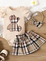 Baby girl ruffle trim bodysuit and plaid skirt set with matching bow headband on wood - 0-3M / Apricot
