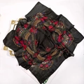 Polyester square scarf with red roses and gold metallic thread on black background - 80*80cm / Black