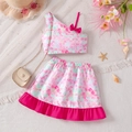 Pink scale print girls' summer set with one-shoulder top, skirt and mini bag - Pink / 90cm