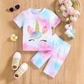 Pink and blue tie-dye unicorn print t-shirt and shorts set for toddler girls - 4Y / Colorful Tie Dye
