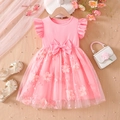 Pink flutter sleeve tulle dress with floral embroidery and bow for girls - 90cm / Pink