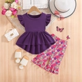 Meisjes zomerse set met paarse ruches top en bloemenprint uitlopende broek, 2-delig pak - 4Y / Felroze