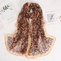 Floral chiffon silk scarf for women with brown flower patterns and champagne gold borders - 160*50CM / Brown