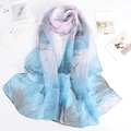 Lightweight gradient lotus print silk scarf in blue and purple for summer sun protection - 160*50CM / Lotus - Gray Blue