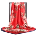 90cm red floral silk square scarf with pink peony print draped on a frame - Red