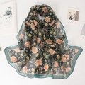 Floral print georgette scarf with vibrant orange flowers and fine green hemmed edges - Floral Vintage Green