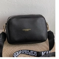 Black pebble textured crossbody bag with gold hardware and a wide lettering strap - Black (Letter Body Style)