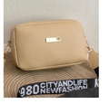 Beige lychee pattern shoulder bag with a wide white and black graphic strap - Brown (Metal Plate Style)